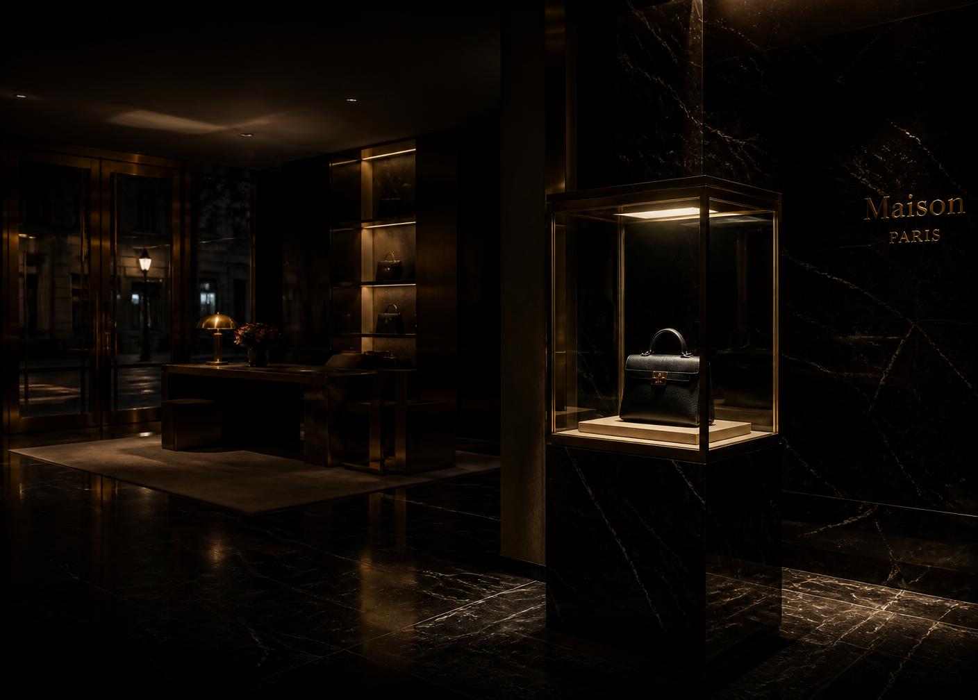 Boutique de luxe parisienne éclairée à la tombée de la nuit